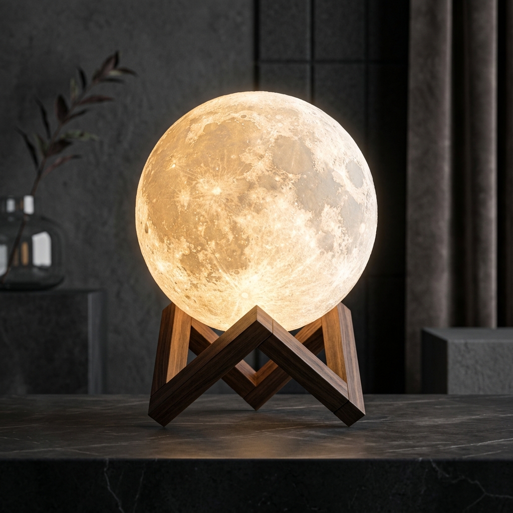 3D Realistic Lunar Glow Moon Lamp on Walnut Stand